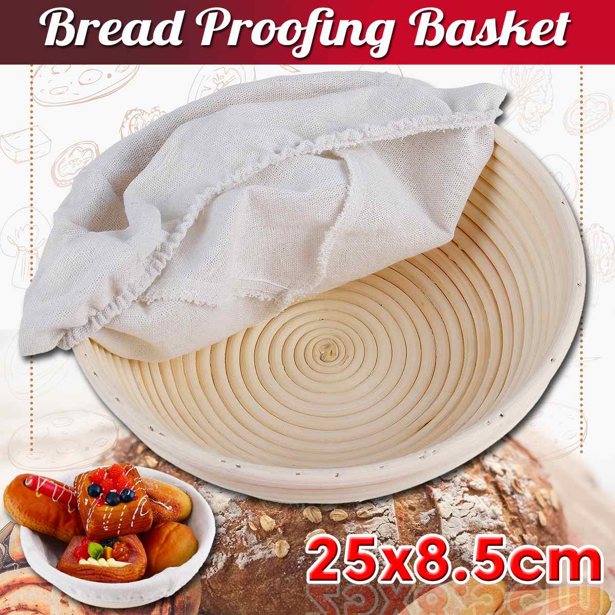 23/25cm Bread Proofing Basket Natural Rattan Wicker Dough Fermentation Sourdough Banneton Bread Basket with Linen Cloth Liner