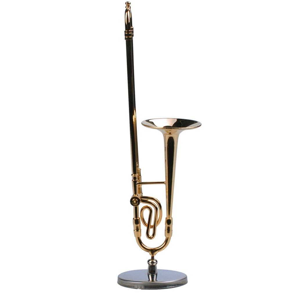 TSAI Mini Trombone With Stand Base Musical Instruments Fine Goldplated Craft Miniature Trombone Home Decoration Ornament