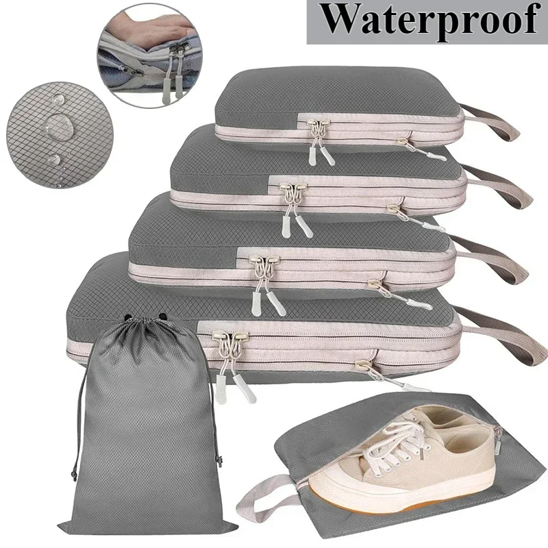 6 -teiliges set tragbarer kompressions-packwürfelbeutel, wasserdichte organizerbeutel für koffer, kleidung, handtaschen und reisen