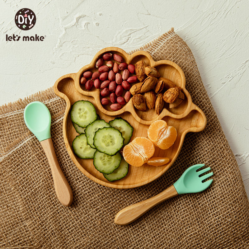 Let&#39;s Make Baby Dinner Plates Set Wooden Cartoon Dinner Plate Fork Spoon Children Feeding Plate Safe Edible Silicone Product