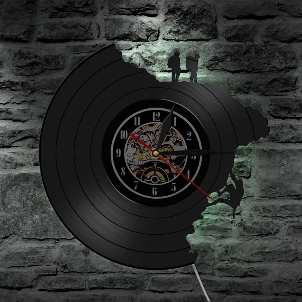 Escalador de roca negro vinilo LP disco colgante Reloj de pared escalada Color cambiante lámpara de noche montañismo LED retroiluminación Saat: With LED