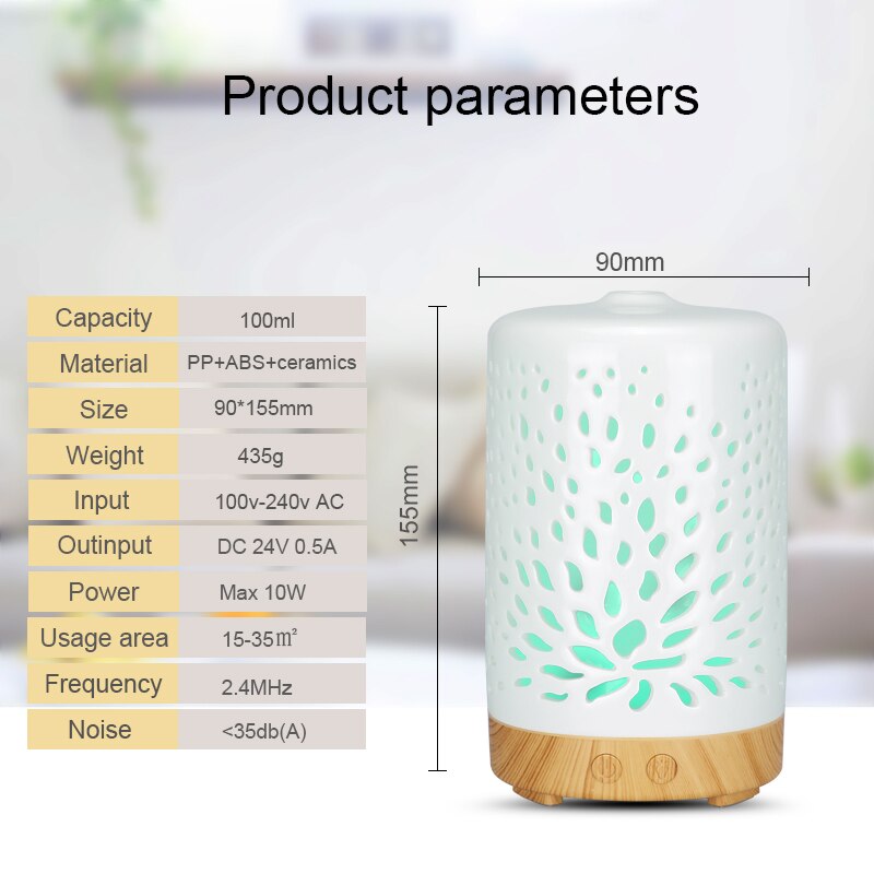 Difusor ultrasónico de cerámica para hogar, humidificador de aire, purificador, atomizador, difusor de aceites esenciales con luces nocturnas de 7 colores