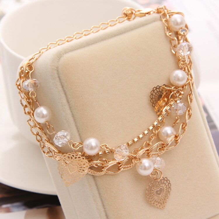 Handgemachten schmuck Frauen/Mädchen Kette Perlen Kristall Armbinde Herz Nachahmung Perle Anhänger Armbinde mehrschichtig Armbinde