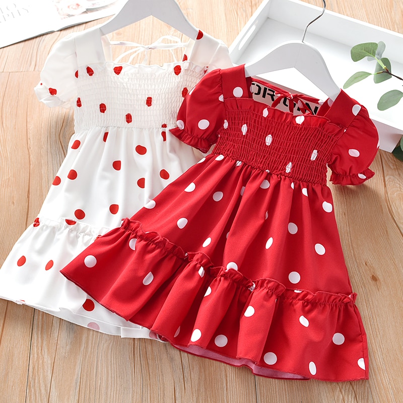 Kids Girls Sweet Princess Dress Summer Polka Dot Sundress French Stylish A-Line Dress for Travel Party Birthday