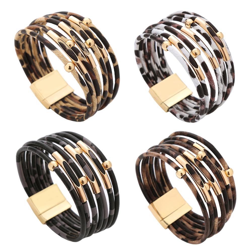 Mode Luipaard Lederen Armbanden & Bangles Animal Print MultiLayer Wide Wrap Magnetische Armband Manchet voor Vrouwen Meisjes