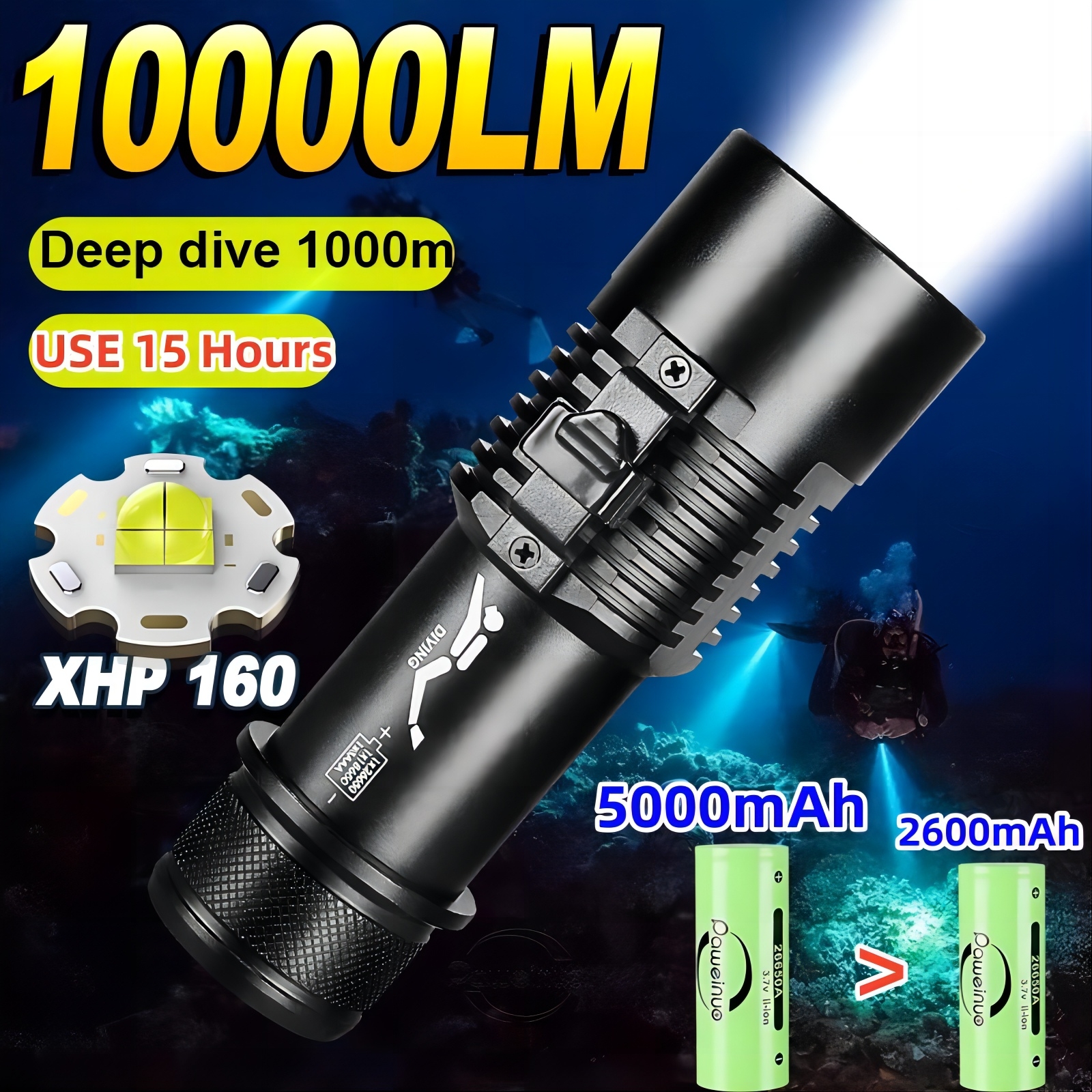 10000LM XHP160 LED High Power Duikzaklamp IPX8 Professionele Duikzaklamp 5000mAh Onderwater Lantaarn Scuba Waterdichte Lamp