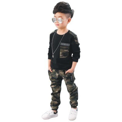 Kids Sport Clothing Sets Boys Tracksuit Autumn Camouflage Children Tops Pants 2Pcs Kit Outfit Teenager Boys Camouflage Tracksuit: black / 4T