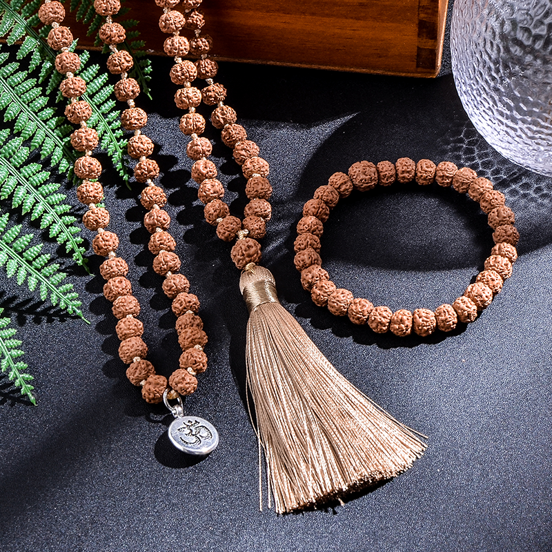7-8mm original rudraksha frisado atado japamala colar pulseira conjunto meditação yoga bênção jóias 108 mala rosário