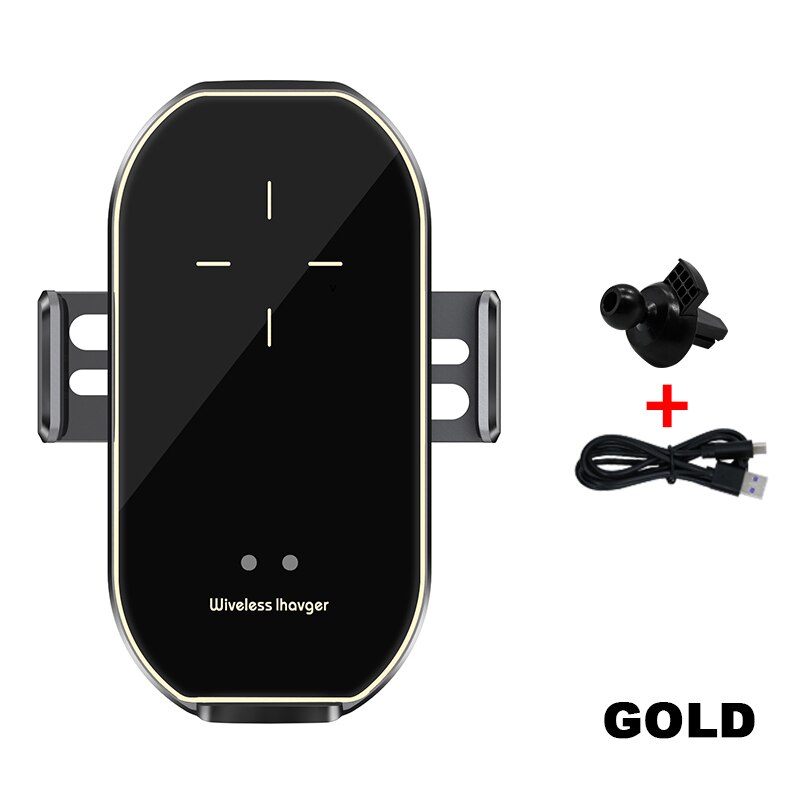 Trådløs biloplader 10w hurtigopladning til iphone 11 pro automatisk montering infrarød sensor oplader induktionstelefonholder i bil: Guld