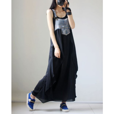 Summer Women's Dress Loose Denim Patchwork Chiffon Overalls Sexy Suspender Dress Spaghetti Strap Robe KE903: L / black