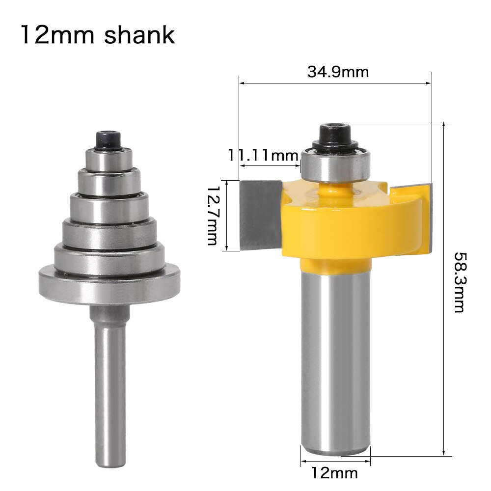 1pc 1/2inch 12mm Shank Rabbet Router Bit Woodworking Tenon Milling Cutter with 6pcs Bearings Set For Wood Cutting Tools