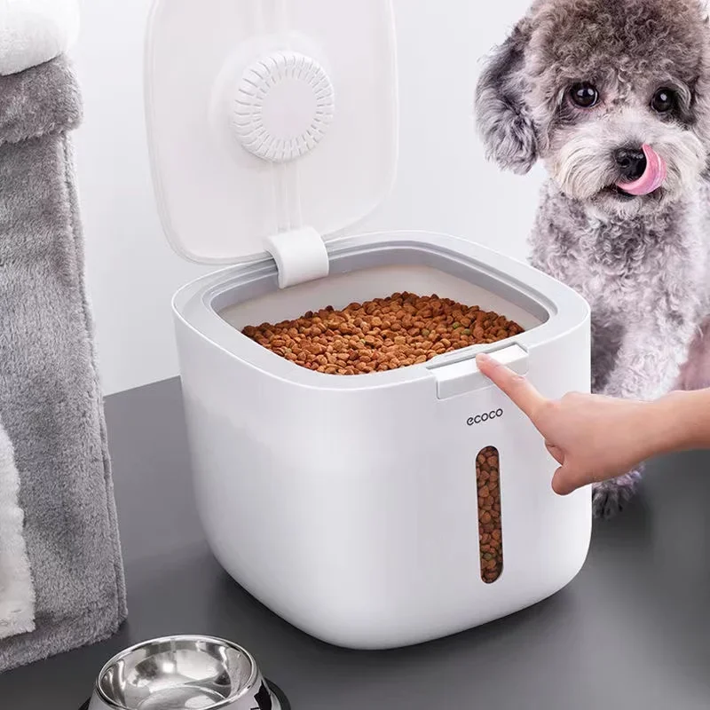Recipiente de armazenamento de alimentos para cães de estimação, caixa de comida seca para gatos, vedação à prova de umidade, hermética com copo de medição, produtos de maca para gatinhos