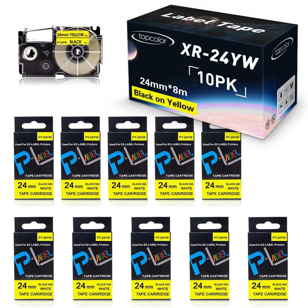 10PK Black on Yellow Tape Replace Casio 24mm Label Tape XR-24YW XR24YW Printer Label for Casio Label Maker KL-8100 KL-8200 KL430