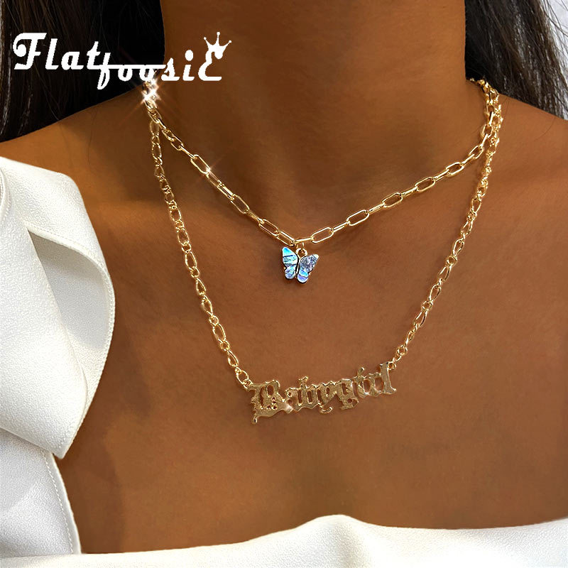 Flatfoosie Multilayer Butterfly Pendant Necklace for Women Gold Color Babygirl Letter Necklace Collar Punk Jewelry