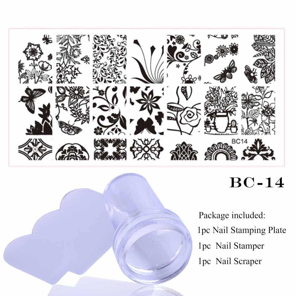 1 sæt blonde stempelplade til nail art blomst 3d overførselstryk stencil stamper skraber manicure stempel værktøj chbc 01-20: Bc14