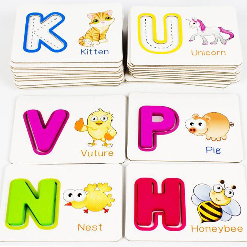 Wooden English Alphabet Puzzle Flashcard with Pen Education Kids Toy Toddler Early Cognition Puzzle Toys Kid