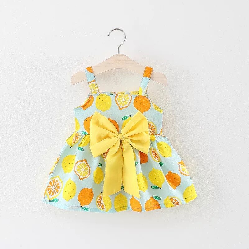 Baby Girl Dress Bow Lemon Print Infant Toddler Outfit Sleeveless Princess Dress Summer Baby Girl Clothes Girls Vestidos 0-24M: blue / 24M