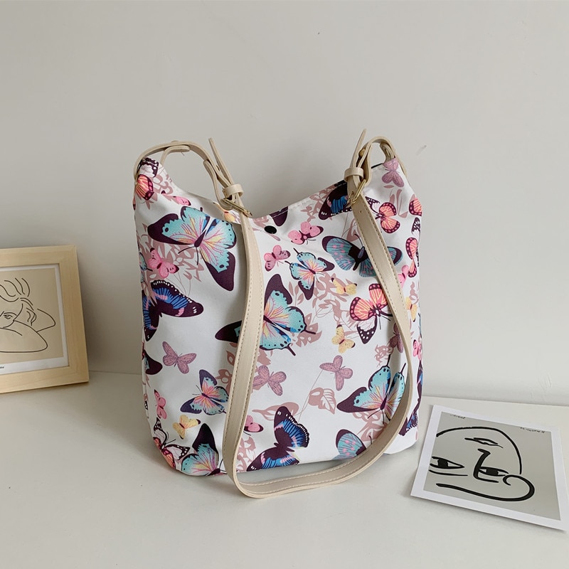 Sac messager en toile avec peinture à l'encre, sac seau de grande capacité avec impression papillon,