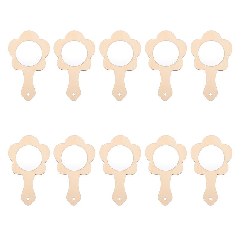 10Pcs DIY Wooden Mirror Unfinished Handheld Mirror Makeup Mirror DIY Materials: flower