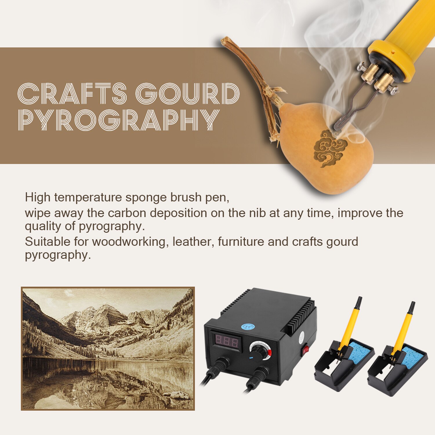 100W Multifunctional Electric Gourd Wooden Pyrography Machine Temperature adjust with 30 Heating Pen Heads Double Hole Soldering
