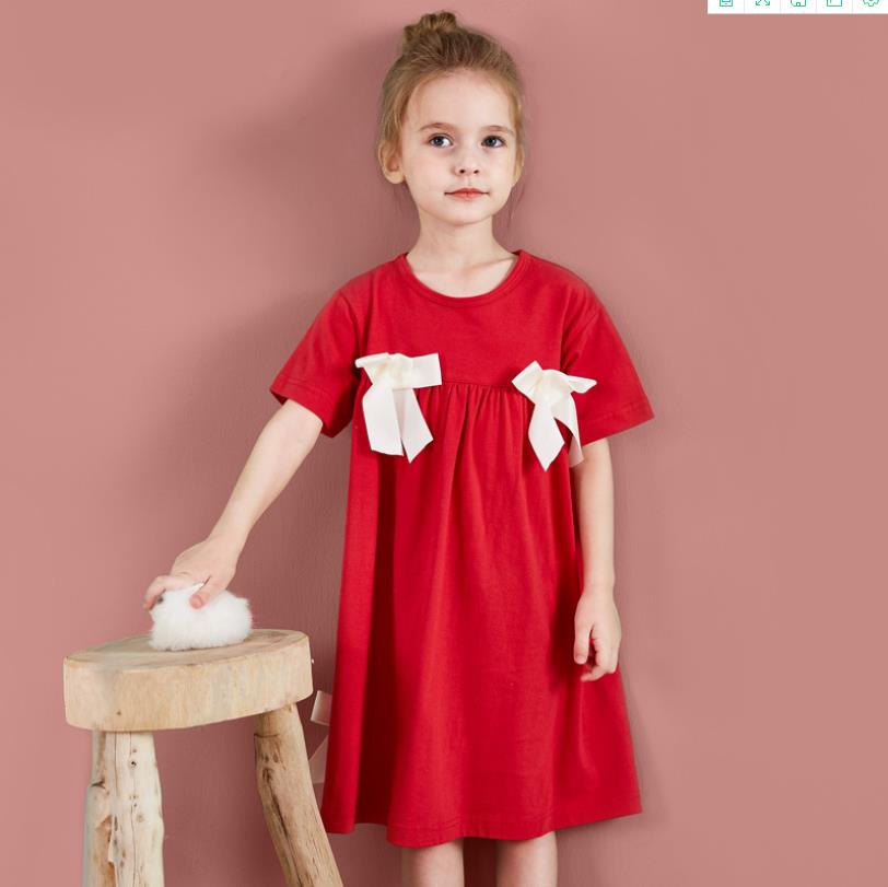 Vestido de dormir vermelho com laço para crianças, roupas de dormir para crianças ws1526 de algodão com manga curta para verão 2020