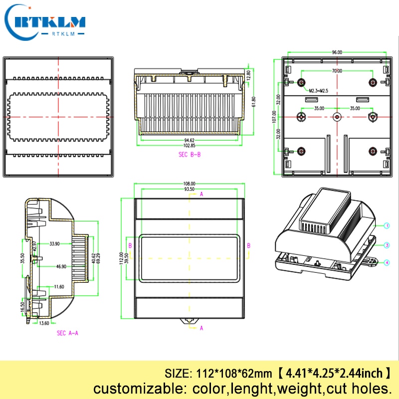 Din rail plastic enclosure 112*108*62mm small electronic enclosures abs circuit board box plastic control switch box PLC box