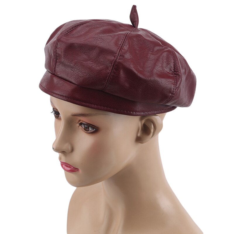 Boina de cuero PU para mujeres, de señoras, gorras negras, azafata, boina roja amarilla, Otoño Invierno, sombreros de artista: wine red