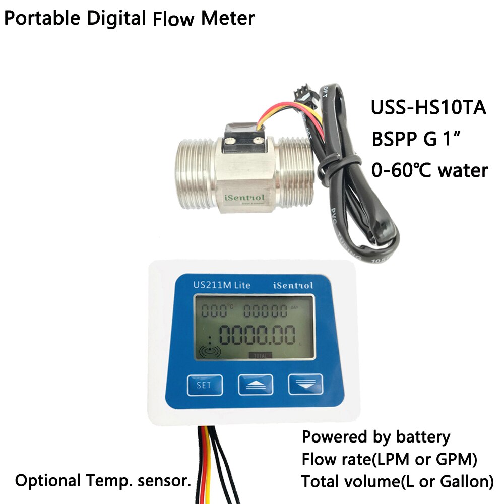 Water 100 Celsuis US211M Lite Digitale Flow Meter Reader Display Met USS-HS10TA Water Flow Sensor Rvs SUS304