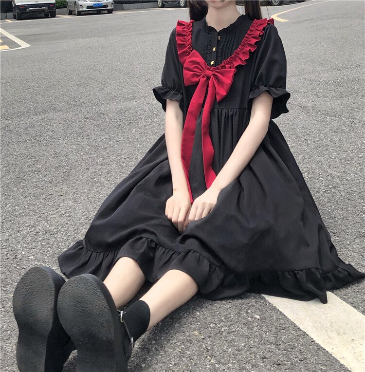 Gothic Lolita Jurk Japanse Dark Harajuku Mode Zoete Strik Dunne Jurk Kawaii Meisje Zomer Stijl