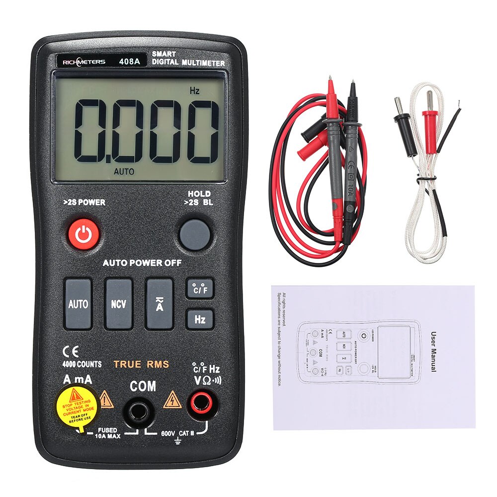 RICHMETERS RM408A AC/DC Voltage Digital Multimeter 8000 Counts True-RMS Auto Ranging Temperature Measuring Meter Light Backlight