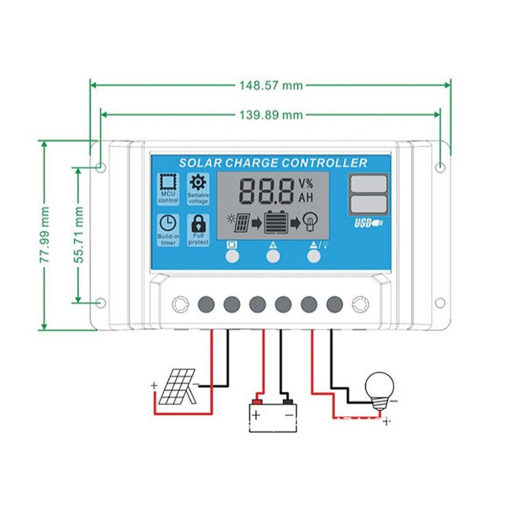 1Solar Cell Panel Charger Regulator 2V/24V HD LCD Display Auto Work Solar Charge Controller 10A/20A/30A PWM Dual USB Output