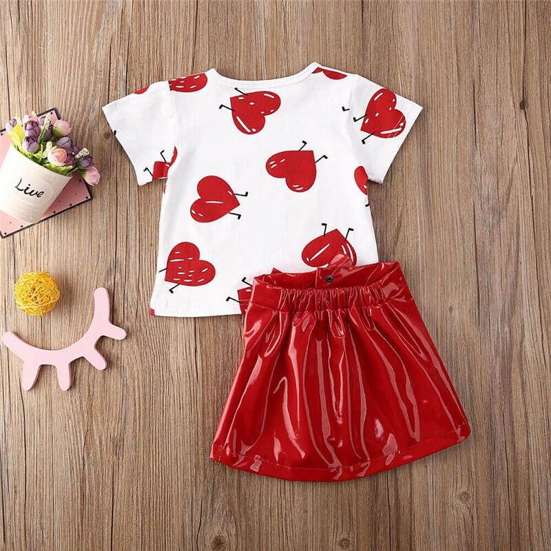2020 Toddler Girl Clothes Set Kids Baby Infant Summer Clothing Girls Cute T-shirt top Set di gonne in pelle PU rossa