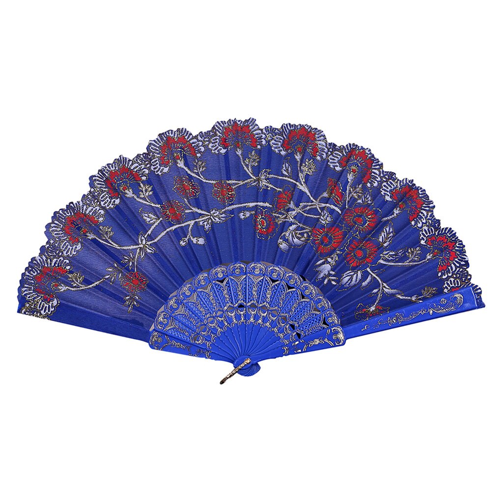 Fãs de flores do vintage bordado estilo chinês dança festa casamento mão fã rendas seda dobrável realizada flores ventilador abanico navio da gota: Azul