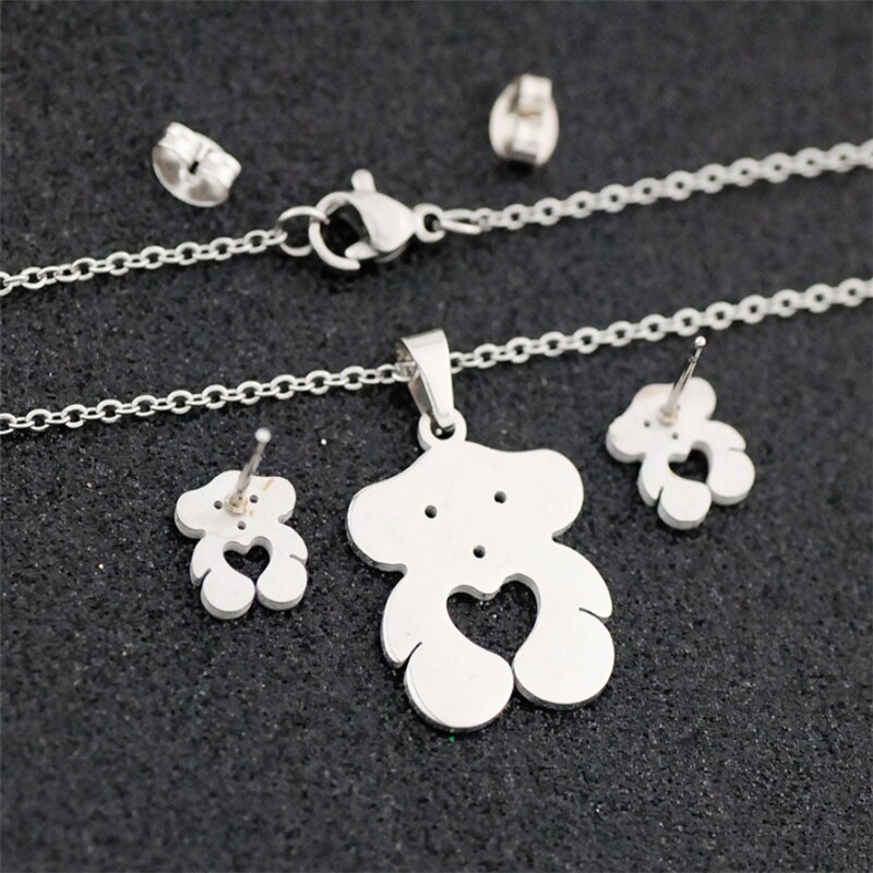 Couleur argent acier inoxydable ours pendentif collier boucles d'oreilles ensembles coeur amour ours breloque collier bijoux tour de cou ensembles pour les femmes