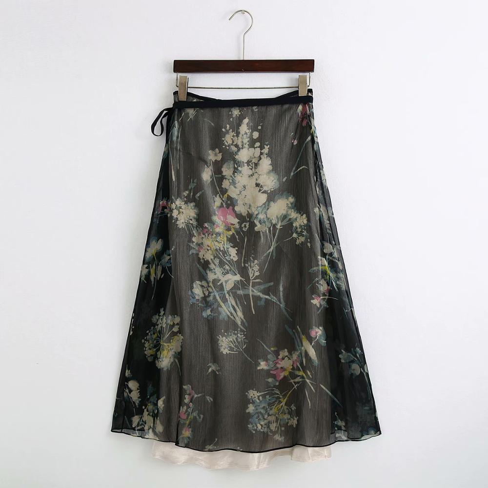 Saia feminina estampada vintage, saia de flores com estampa de flores, dupla camada, manga longa, renda, laço, casual, retrô, 2020 qun622