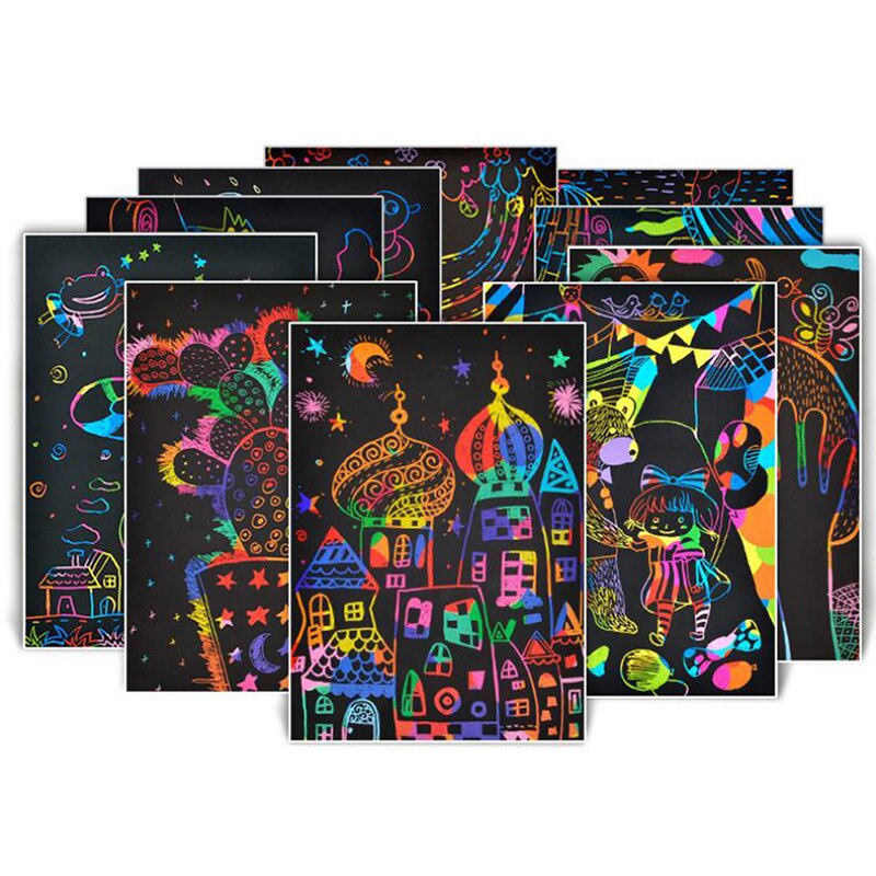 50 Vellen Magic Kleur Rainbow Scratch Art Paper Card Set Met Graffiti Stencil Voor Tekening Stok Diy Schilderij Speelgoed kids