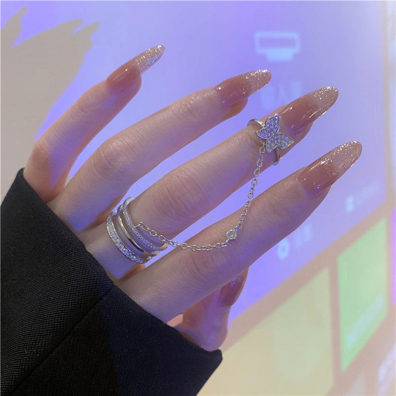 Double Finger Chain Rings for Women Alloy Adjustable Open Finger Ring Party Trend Jewelry: 01