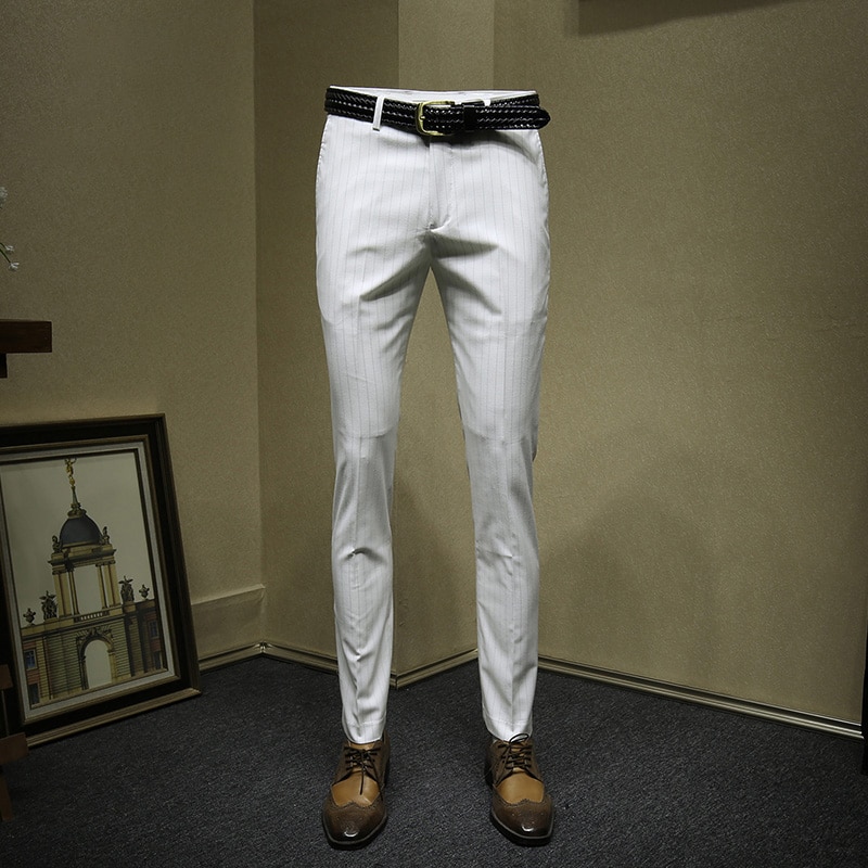 Hombre pantalones de vestir de negocios formal blanco de corte slim a rayas de Día del Padre de novio de boda Boda de usar inteligente hombre casual traje de pantalón plus tamaño