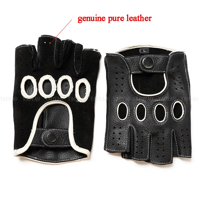 Guantes de cuero puro Real de para hombre, Guantes finos de medio dedo para Fitness, Guantes elegantes de dos colores para conducir, montar en gimnasio, sin forro