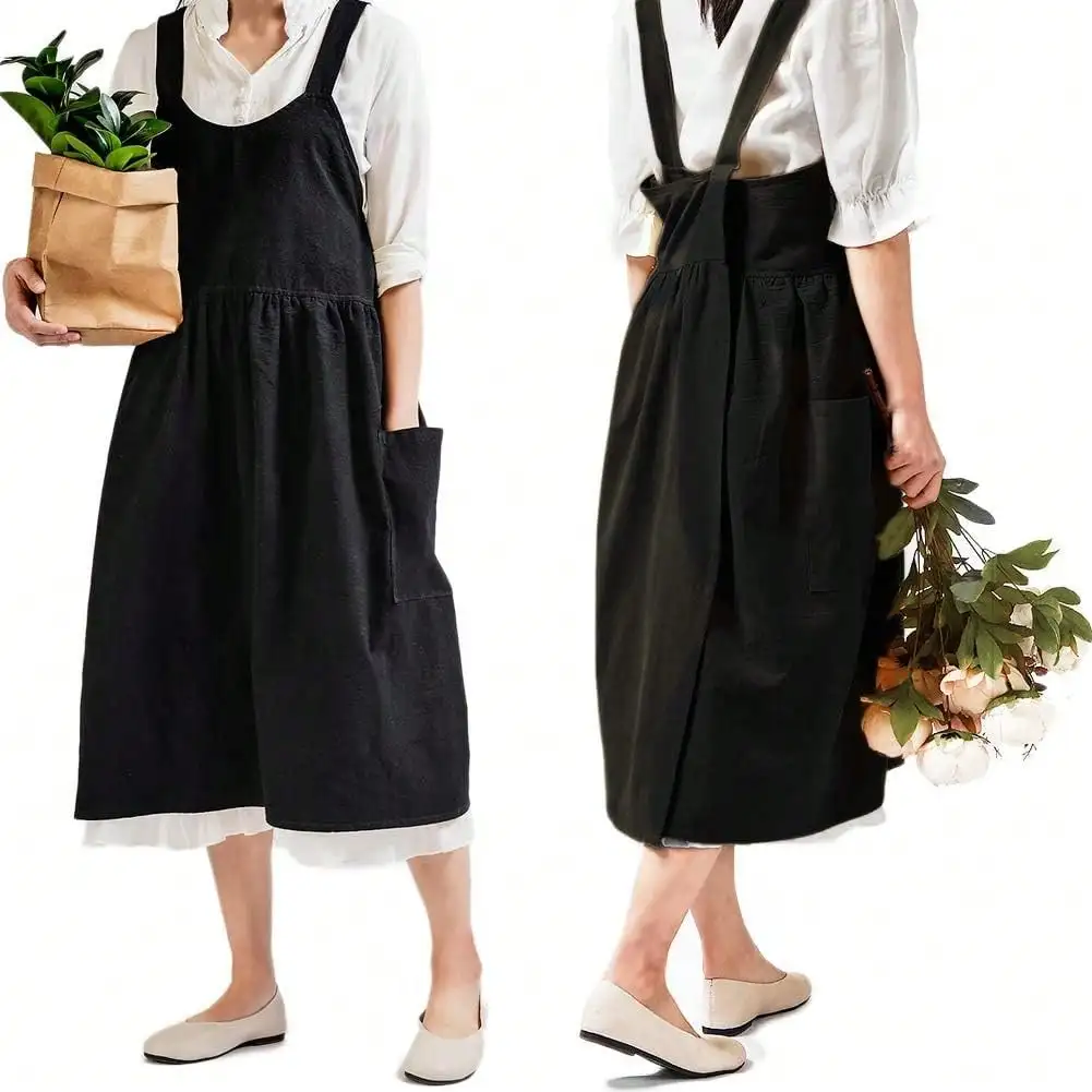 Japanese Linen Aprons for Women with Pockets Cross Back Cute Apron Dress for Gardening Painting Baking Cooking Kawaii Kitchen