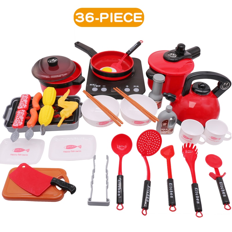 Bambini Cucina Giocattolo In Miniatura Set Giochi Di Imitazione Simulazione Cibo Pentolame E Utensili Per Cucinare Pentola Padella di Cottura Utensili della Casa del Gioco Giocattolo Per Bambini Regalo: 36pcs red