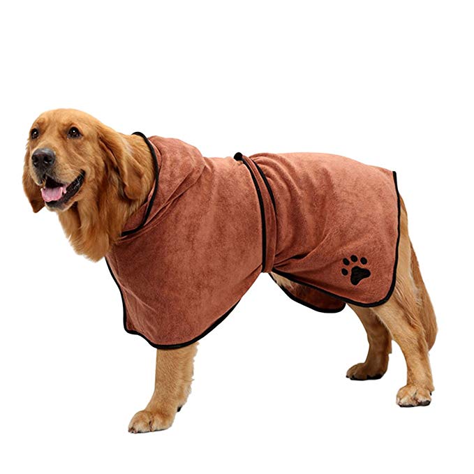 Albornoz de perro suave súper absorbente lujoso 100% Toalla de secado de microfibra para perros con capucha/cinturón para perros grandes, medianos y pequeños: Brown / S