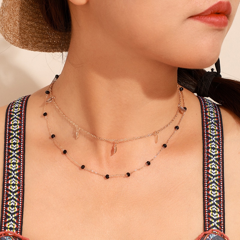Dubbele Gelaagde Ketting Vrouwen Kwastje Charm Choker Ketting Zwarte Kralen Bohemian Ketting Metalen Goud Kleur Party Fe
