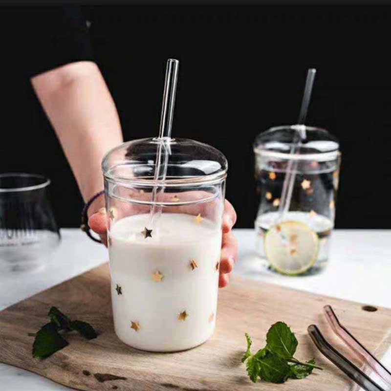 460Ml Hittebestendig Glas Cup Transparante Koffie Mok Met Deksel & Stro Thuis Melk Sap Bloem Kopje Thee Reizen mok Drinkglas