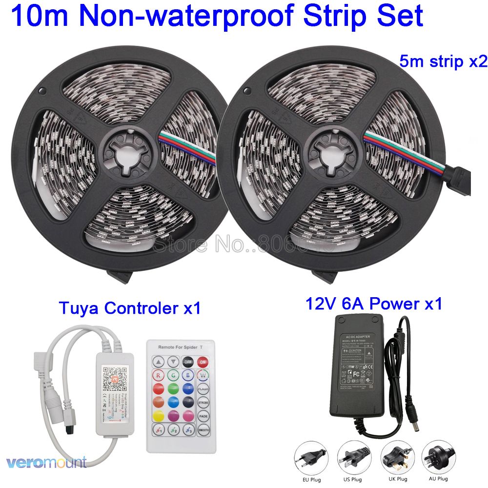 12V 5050 Black PCB Flexible RGB LED Strip 60LED/M+ Tuya Smartlife Wifi Controller Alexa Google Home Voice Control + Power Set: 10M Nowaterproof Set
