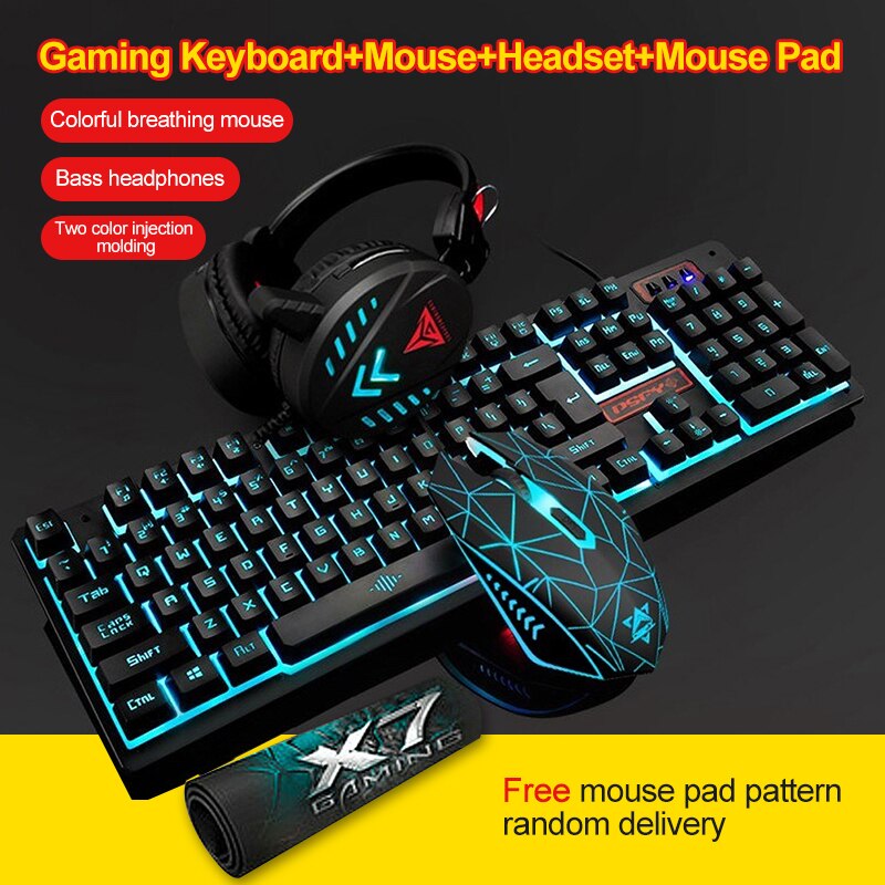 3/4Pcs LED Backlit GamerMechanical Keyboard+Gaming Mouse+Headset +Mouse Pad Wired Backlight Desktop Ergonomic Keyboard Set: as show 03