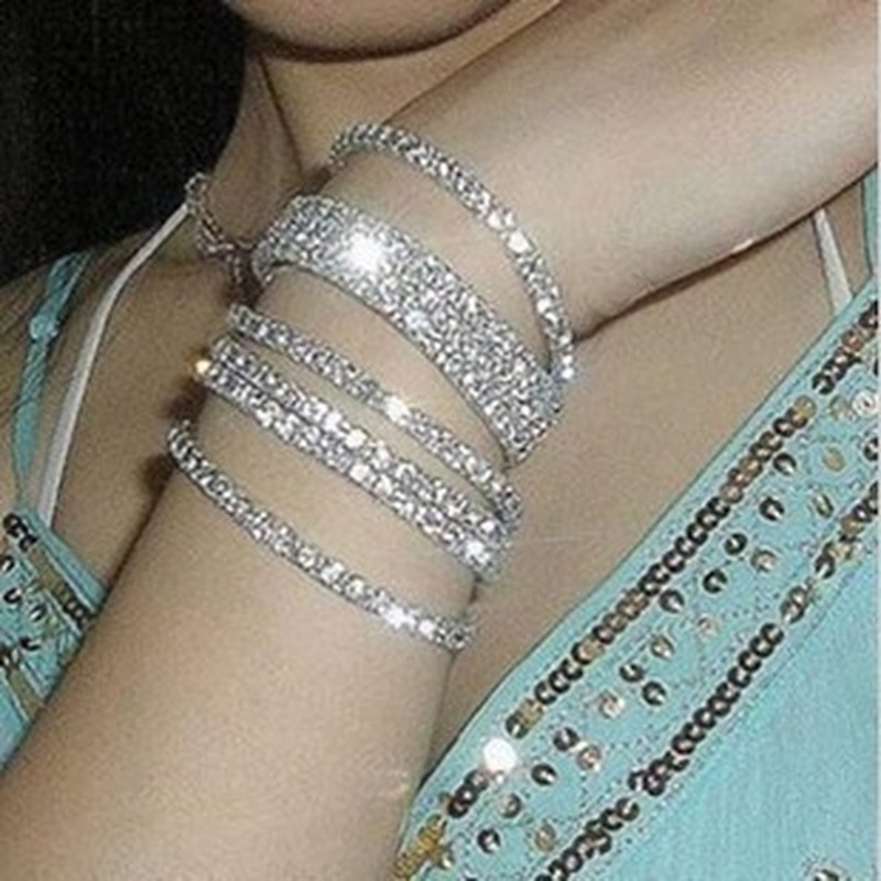 Zilver Kleur Elastische Wedding Bridal Bangle Armband Sieraden Crystal Rhinestone Stretch Volledige Rhinestone Shiny Armband Voor Vrouwen