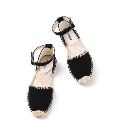 Sandalias de paja de mujer Bohemias de fondo plano de lona salvaje de cáñamo zapatos de pescador suelo femenino nuevos zapatos individuales de gran tamaño: Black / 6