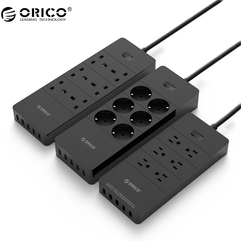 Orico Power Strip - 6 AC Outlets + 5 USB Ports - 4000W Surge Protector - 1.5m Cable - EU/US/UK Plug: UK Plug / Black