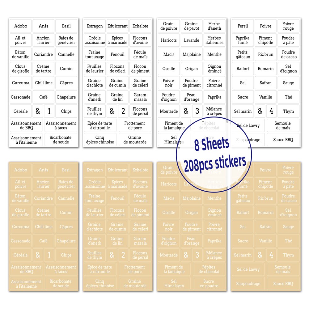 208pcs Spices Food Label Stickers Jars In French For Bottle Container Can Storgae Box Kitchen Drawer Cabinets Shelves Organizer: 208pcs in French